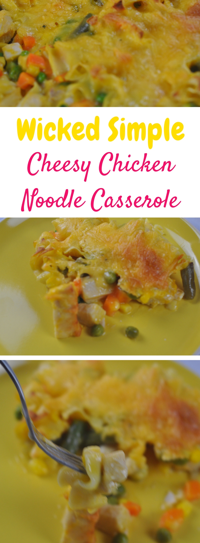 This wicked simple cheesy chicken noodle casserole is DELICIOUS and it only takes 5 minutes to throw together!