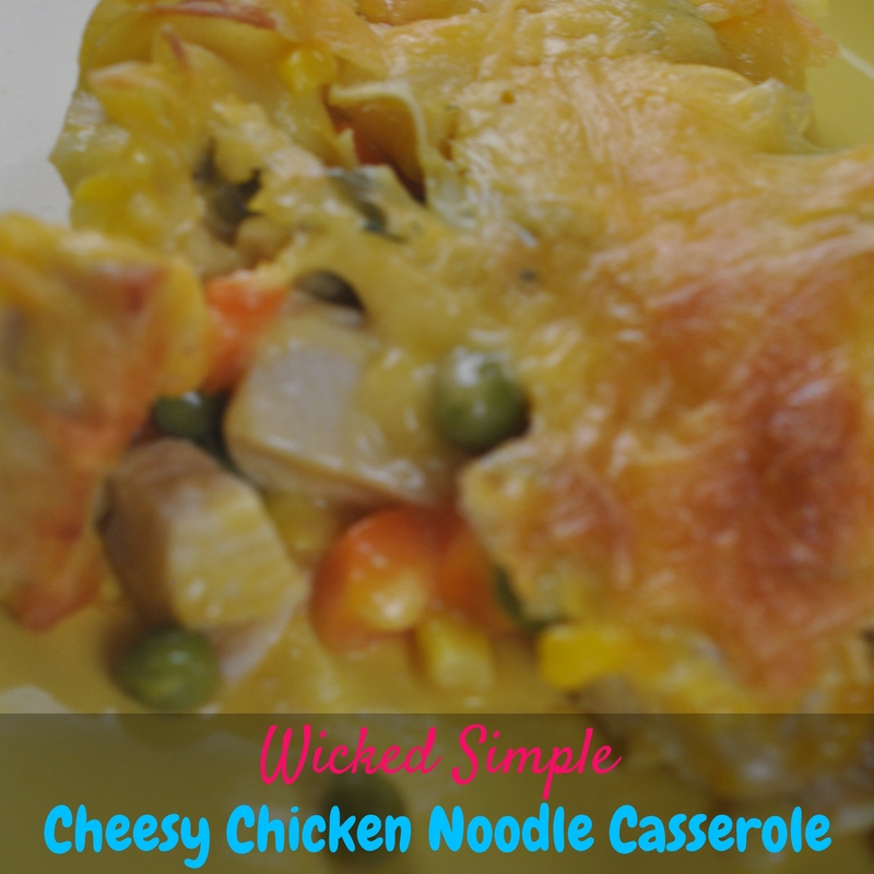 This wicked simple cheesy chicken noodle casserole is DELICIOUS and it only takes 5 minutes to throw together!