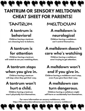 Get the sensory meltdown awareness cards + a bonus tantrum or sensory meltdown cheat sheet here! These are perfect for handing out to judging onlookers when your child is struggling through a sensory meltdown!