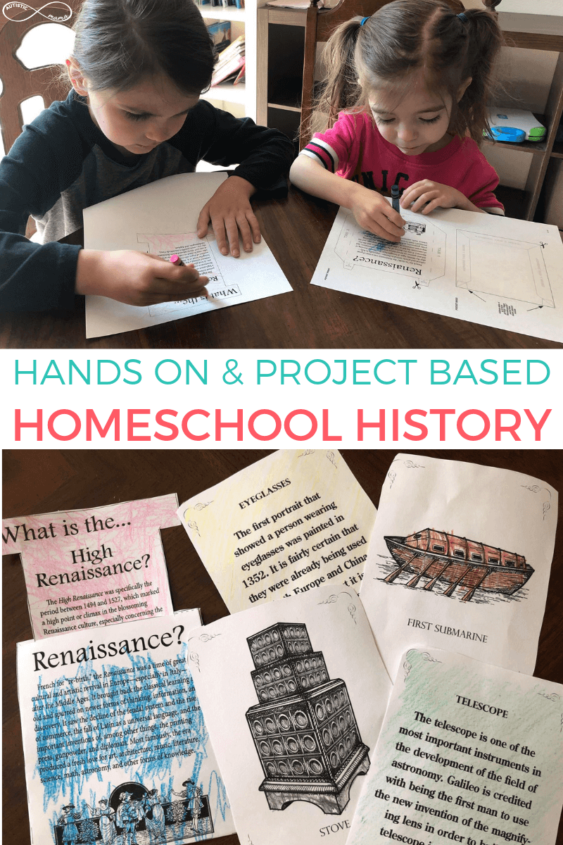 Image of two boys coloring. Text reads: Hands On & Project Based Homeschool History. Image of completed history projects.