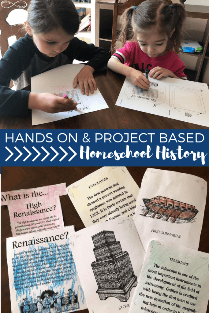 Image of two boys coloring. Text reads: Hands On & Project Based Homeschool History. Image of completed history projects.