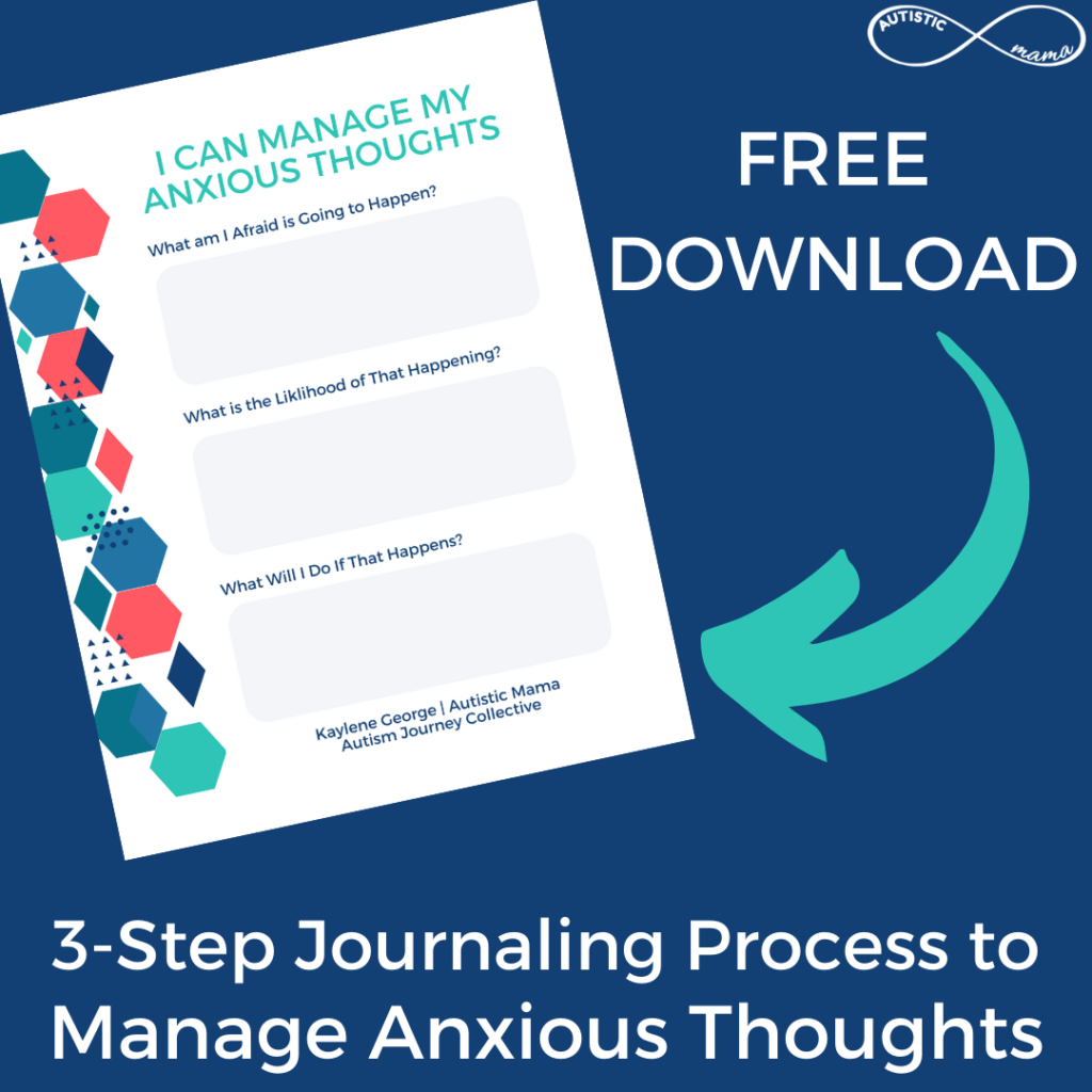 Blue background. Screenshot image of a journal page titled "I can manage my anxious thoughts" is on the left side. To the right, text reads "FREE DOWNLOAD" and an arrow points to the image of the journal page. Below that, text reads: "3-Step Journaling Process to Manage Anxious Thoughts"