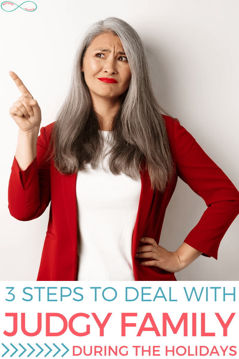 Woman with grey hair looks "judgy" while pointing and looking at something with her other hand on her hip. Text reads: 3 steps to deal with judgy family during the holidays.