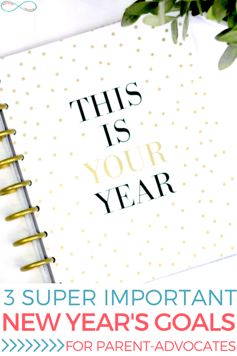 A picture of a journal that says "This Is Your Year". Underneath that text reads: 3 Super Important New Year's Goals for Parent-Advocates