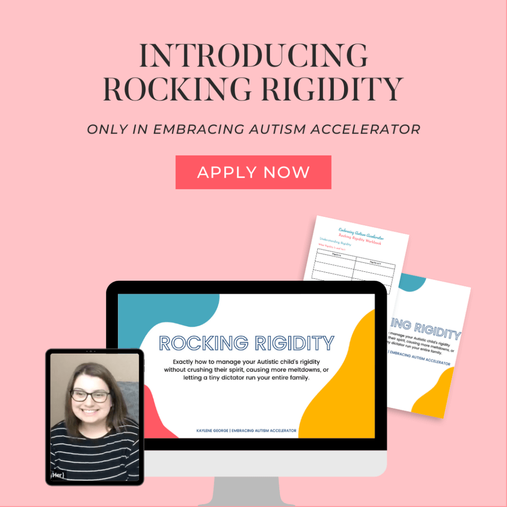 Screenshot of Rocking Rigidity Workshop including workbook on a pink background. Text reads: "Introducing Rocking Rigidity Only in Embracing Autism Accelerator Apply Now