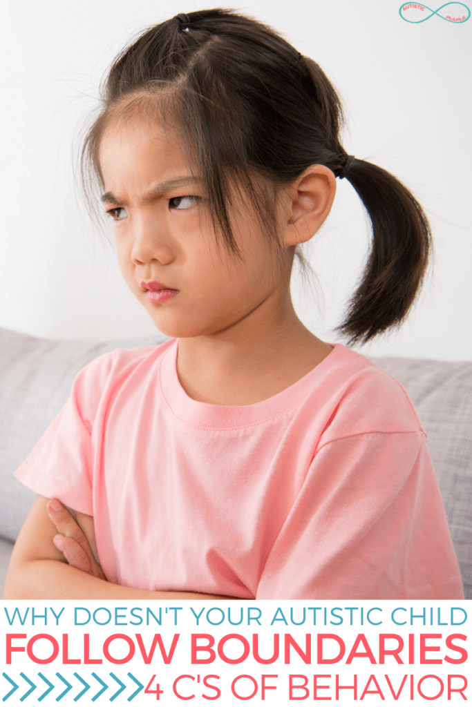 Young girl looks angry and crosses her arms. Text reads: "Why Doesn't Your Autistic Child Follow Boundaries 4 C's of Behavior"