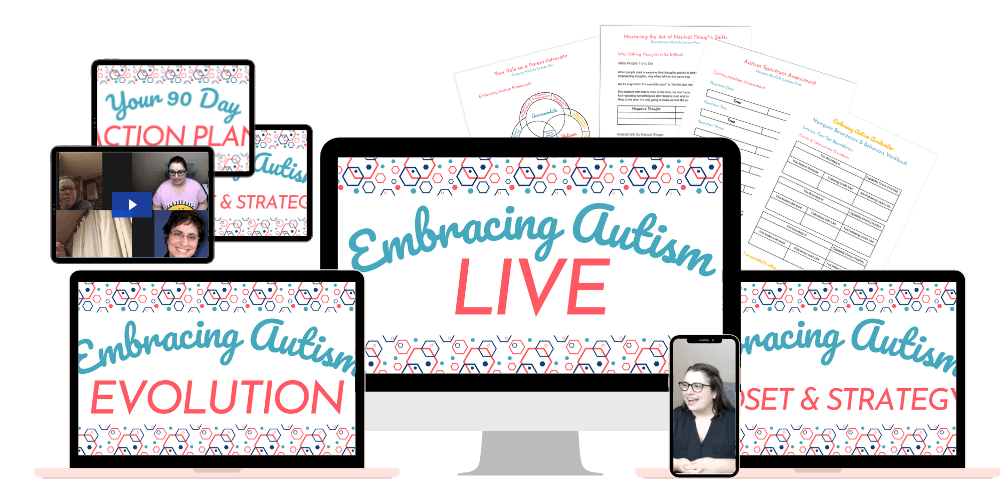 Image of what is included in the Embracing Autism Live Event, including several computers, tablets, and phones showing different workshops, coaching, and trainings as well as sample pages from a workbook.