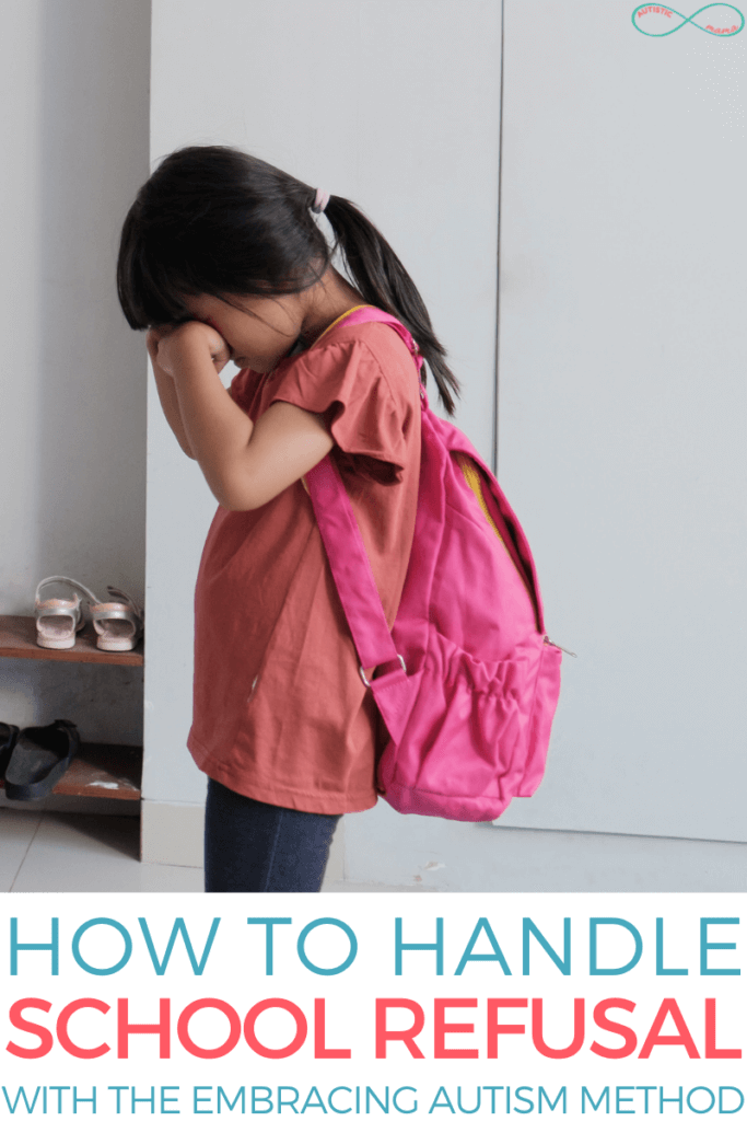 Little girl wearing a backpack and rubbing her eyes as if she's crying. Text reads: How to Handle School Refusal With the Embracing Autism Method