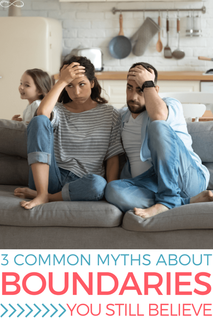 Two parents sit ont he couch with their head in their hands. A child is seen in the background. Text reads: 3 Common Myths About Boundaries You Still Believe
