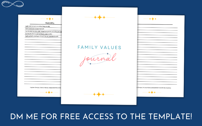 Three pages from the Family Values Journal Template on a blue background. White text reads: DM Me for Free Access to the Template!