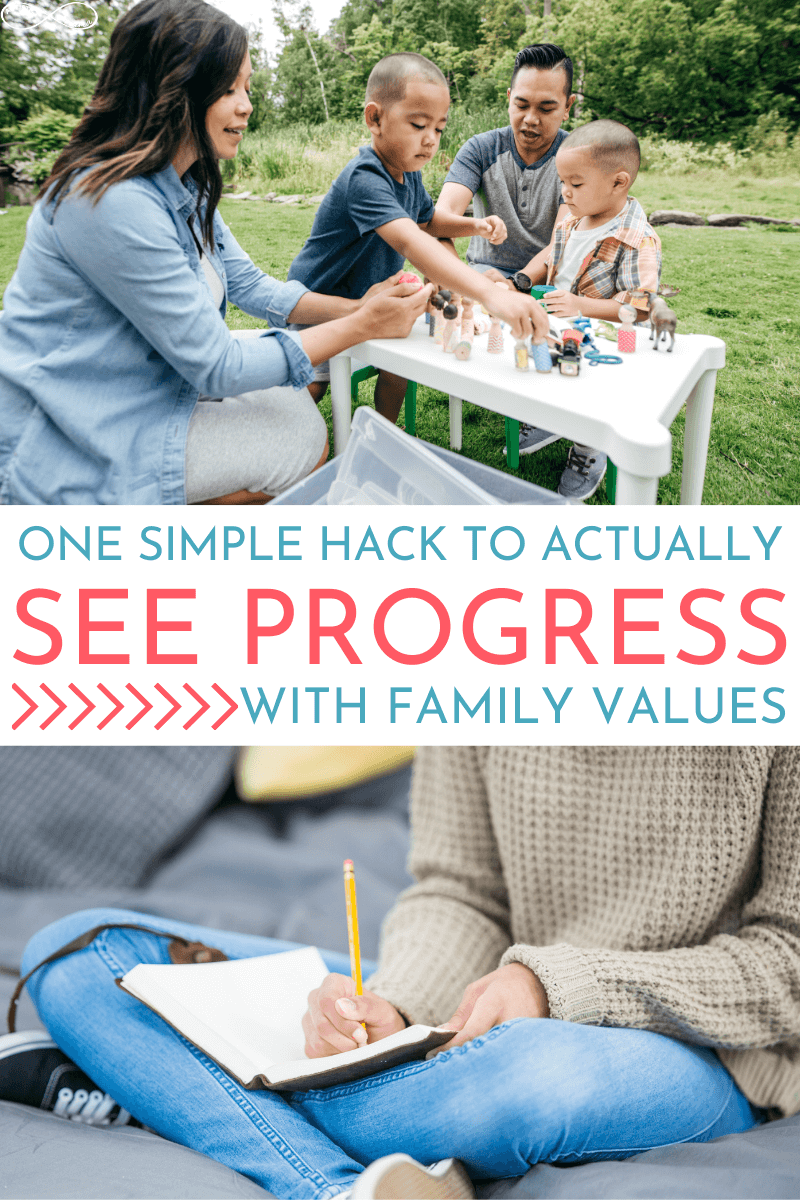 Image of a family playing outside at a table. Text underneath that reads: "one simple hack to actually see progress with family values". Under the text, there's an image of a person sitting cross-legged and writing in a journal with a pencil.